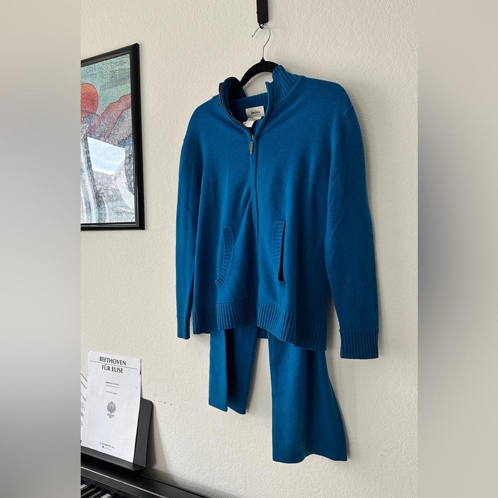 NEIMAN MARCUS CASHMERE TEAL ZIP JACKET SKIRT SET QUIET LUXURY OLD MONEY M/S